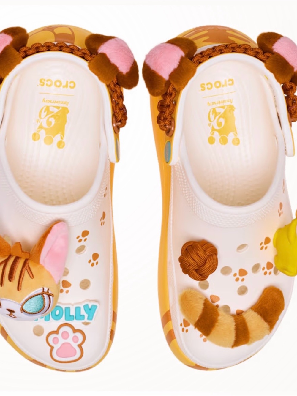 CROCS White and Orange Cat-Themed Kids Clogs with Plush Charms